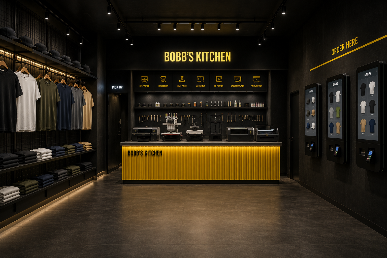 Customer facing an AI design kiosk in the store