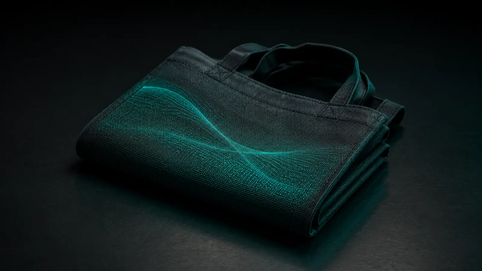 Black woven tote bag photographed against a dark background with a glowing teal graphic on the face.