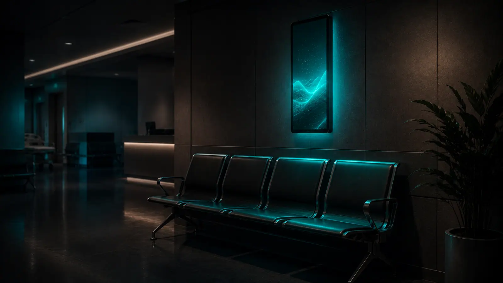 Dim waiting lounge with a row of modern chairs beneath a vertical digital screen showing a cyan wave graphic.