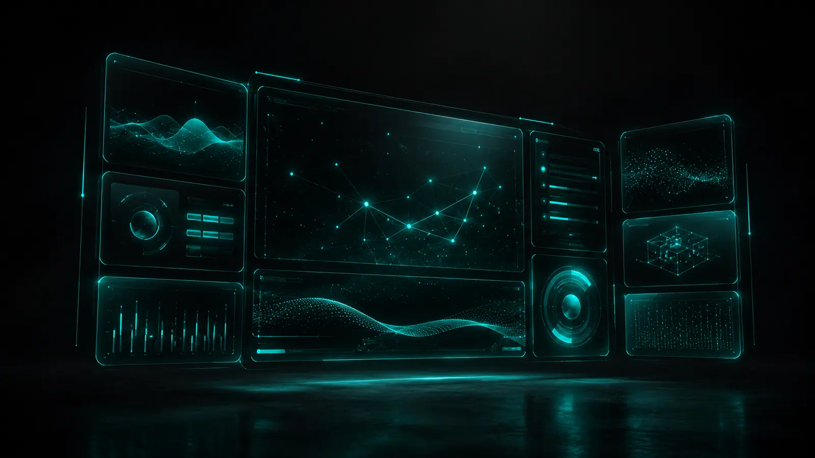 Abstract multi-panel operations interface with cyan network graphs on a dark background