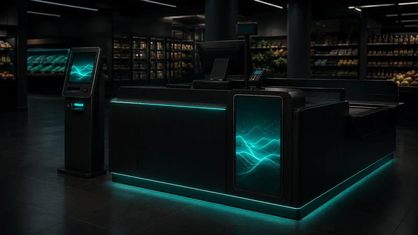 Dark supermarket checkout counter and freestanding kiosk with matching teal digital displays.