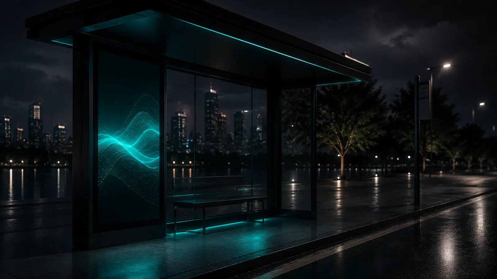 Night-time bus shelter with a vertical digital display and thin cyan edge lighting reflecting on wet pavement.